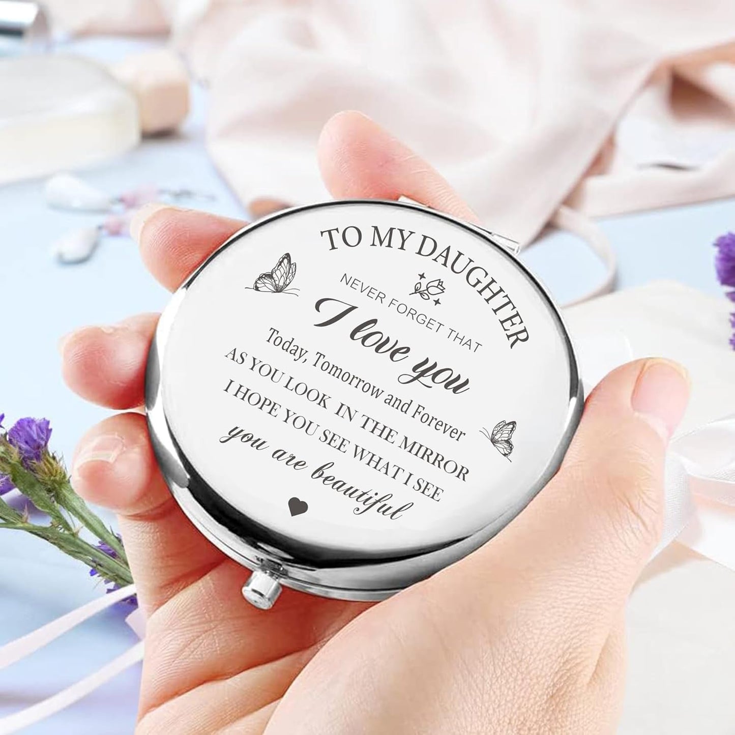 Silver Compact Mirror - Elegant Gift for Daughter