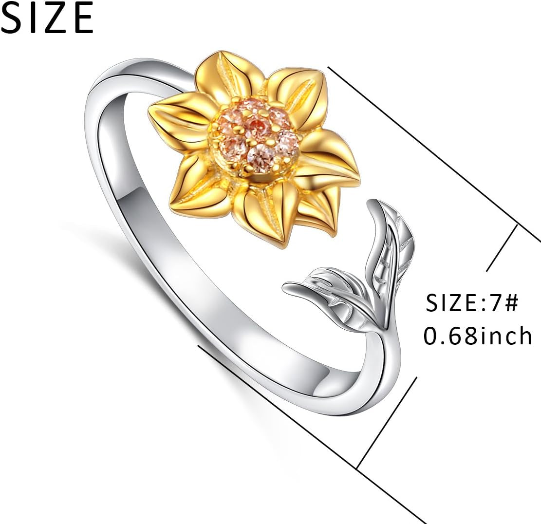 Sunflower CZ Ring – Adjustable Sterling Silver Floral Jewelry