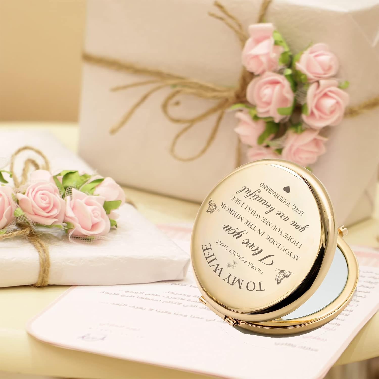 Gold Compact Mirror – Wedding Anniversary or Valentine’s Day Gift
