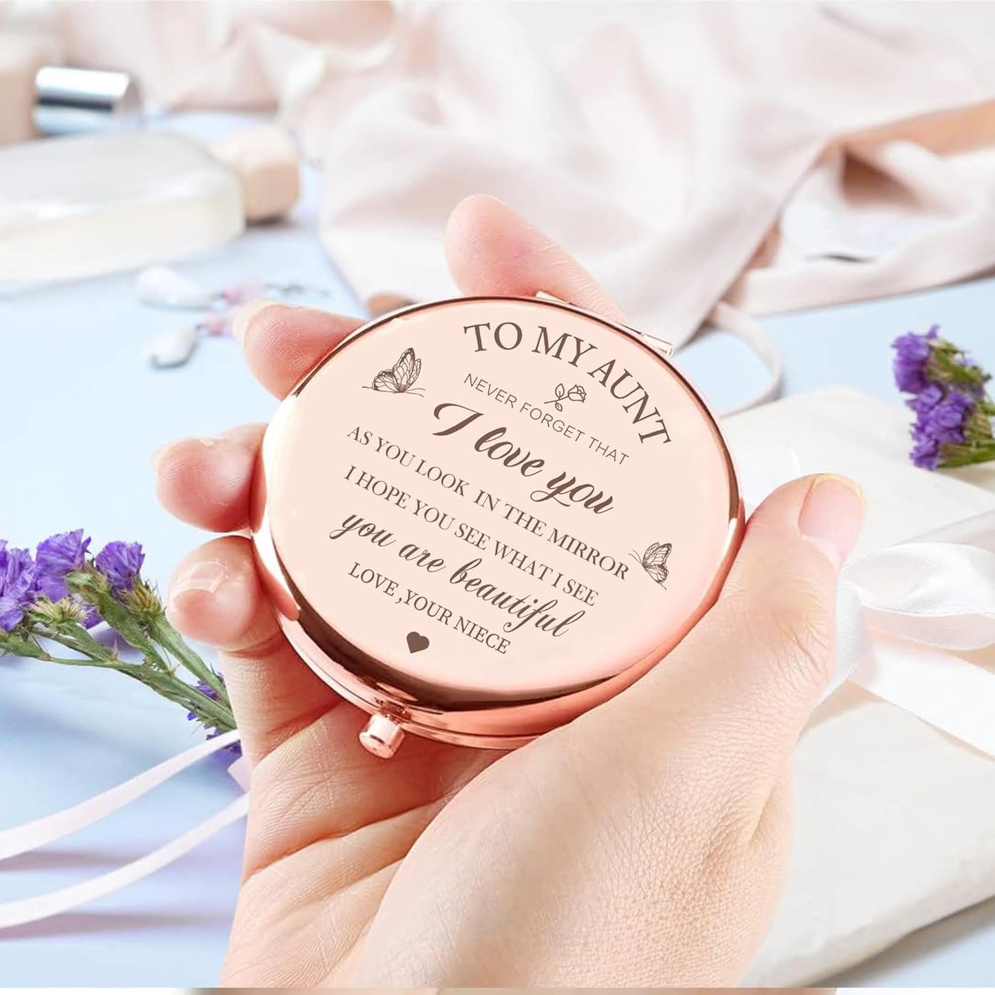 Rose Gold Compact Mirror – Elegant Gift for Aunt