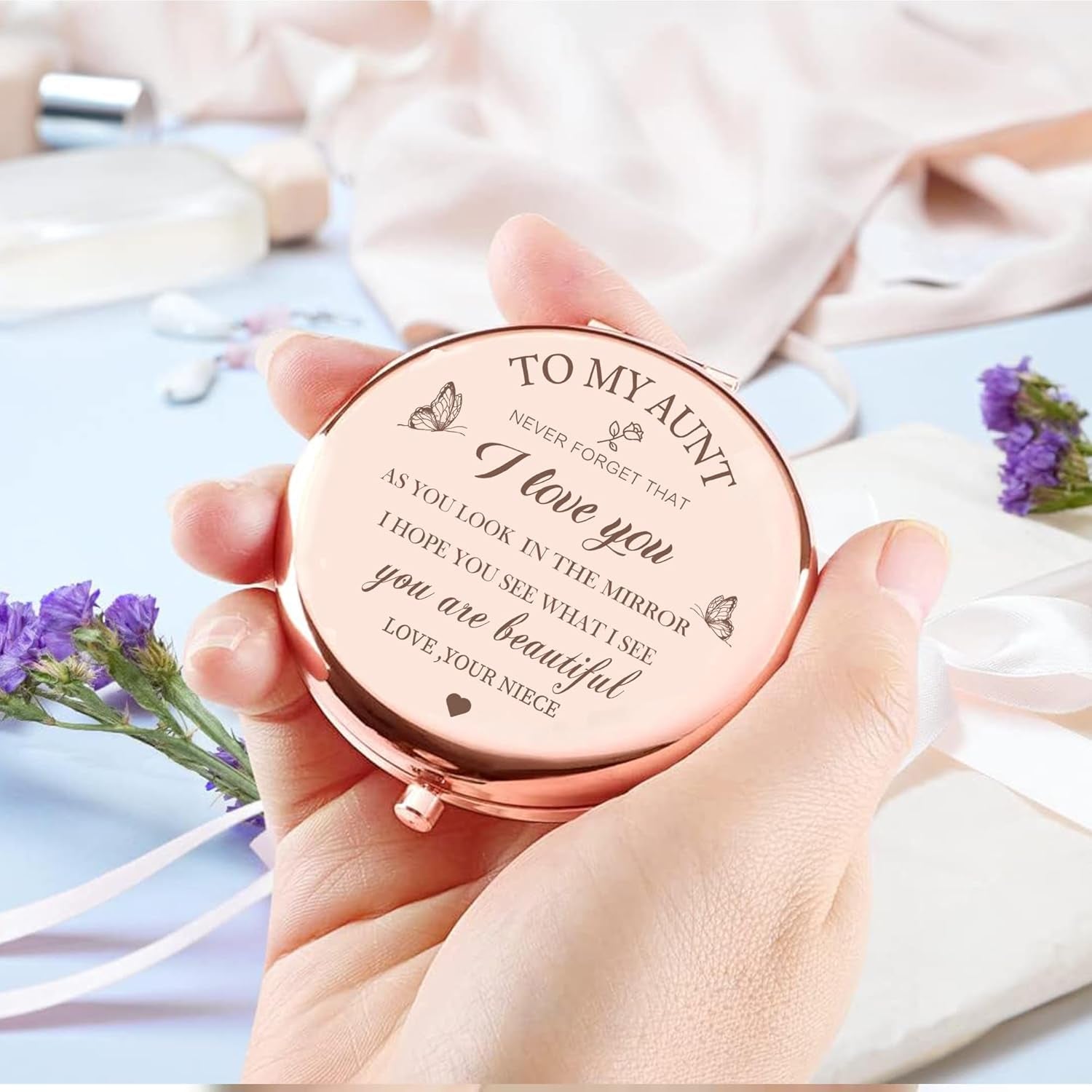 Rose Gold Compact Mirror – Elegant Gift for Aunt