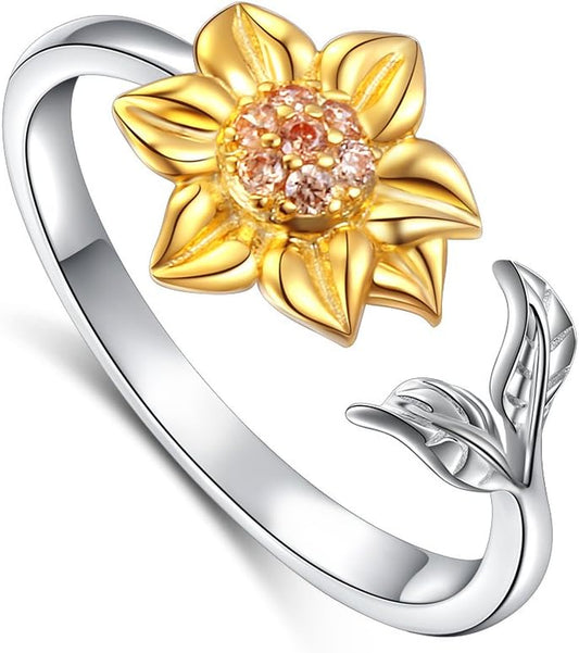 Sunflower CZ Ring – Adjustable Sterling Silver Floral Jewelry