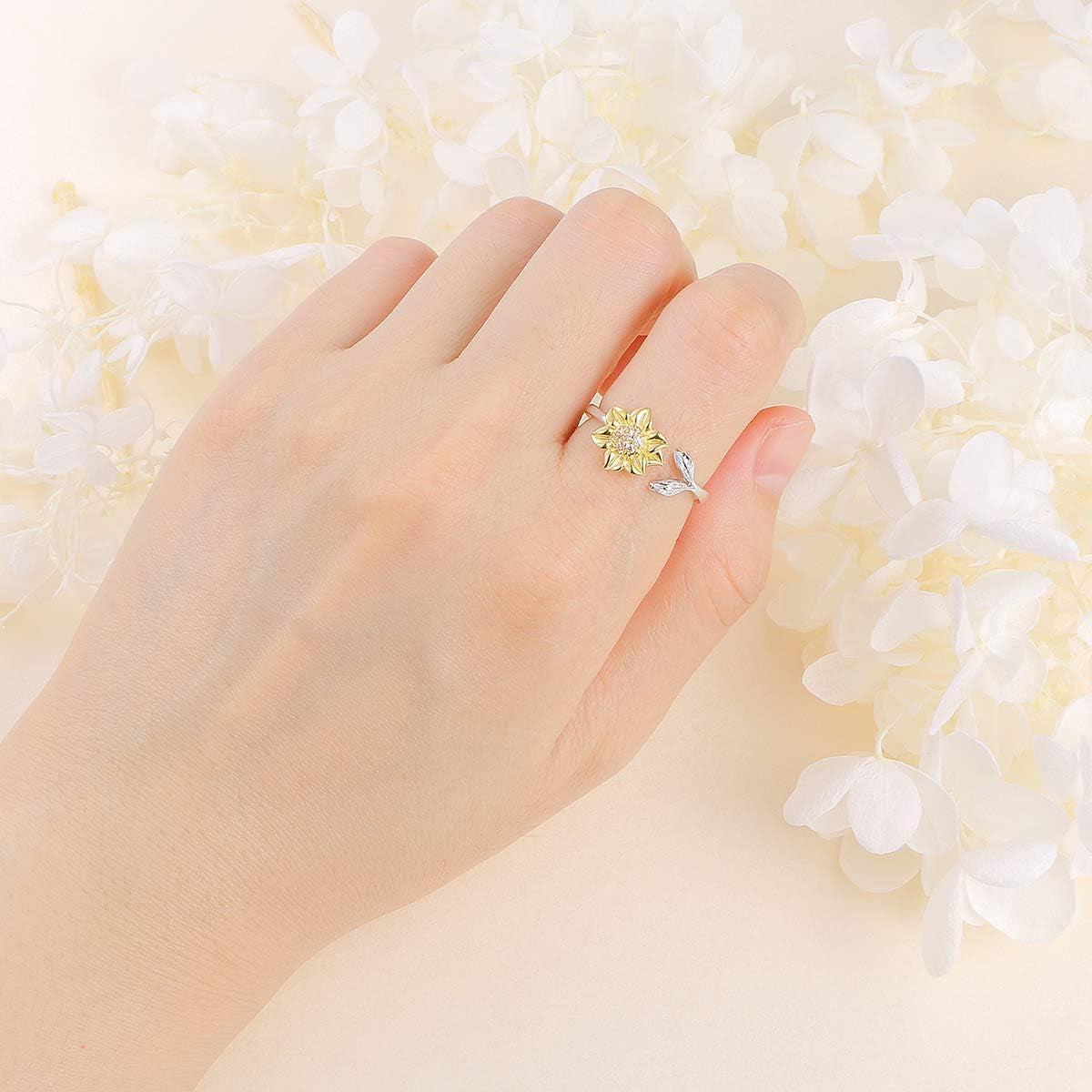 Sunflower CZ Ring – Adjustable Sterling Silver Floral Jewelry