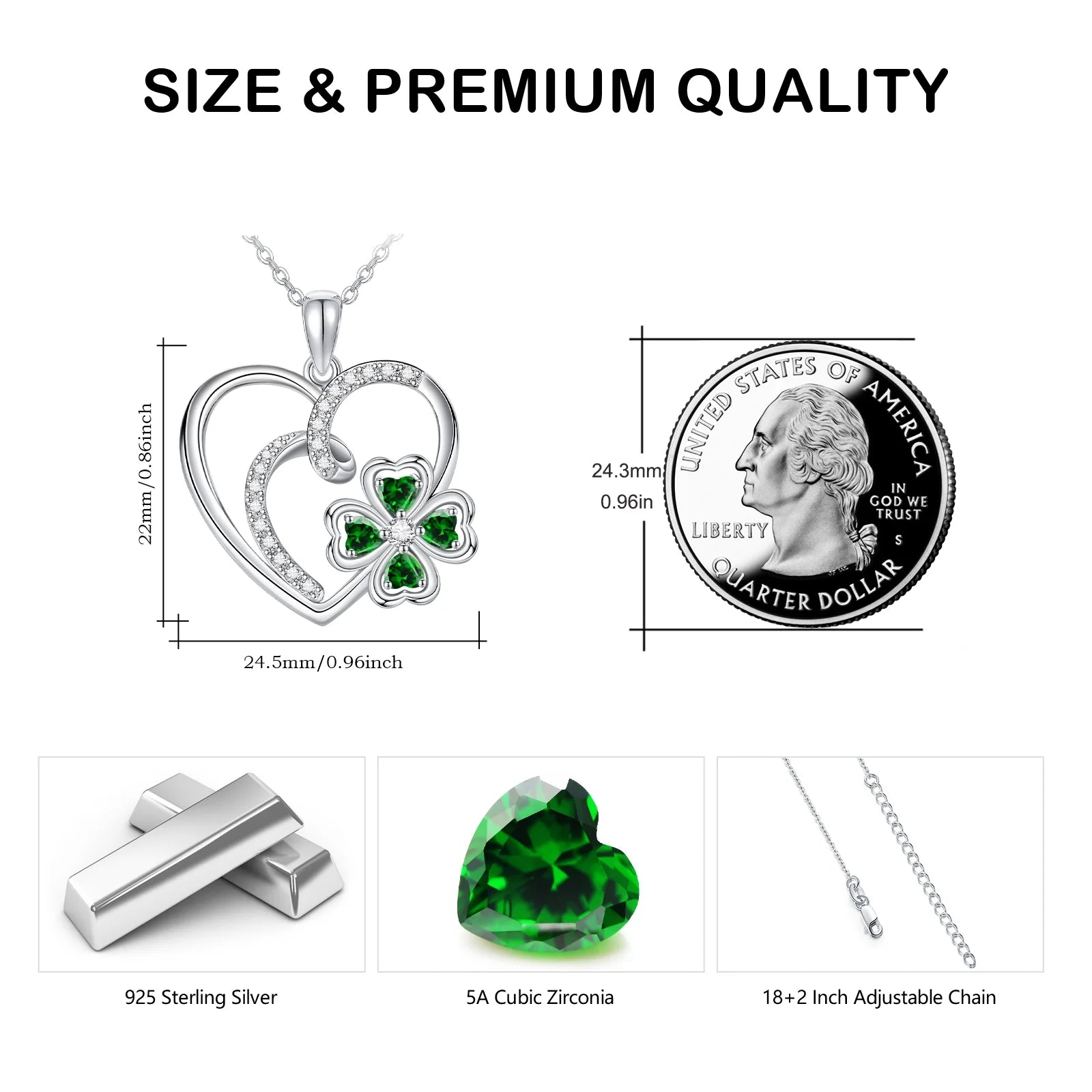 4-Leaf Clover Heart Necklace – Sterling Silver Pendant