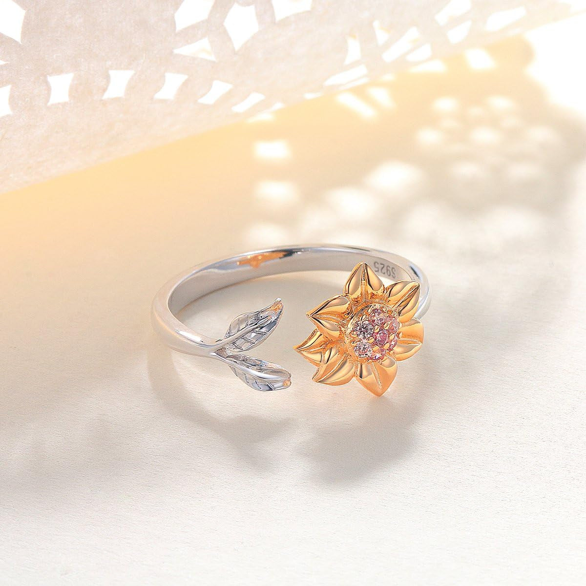 Sunflower CZ Ring – Adjustable Sterling Silver Floral Jewelry
