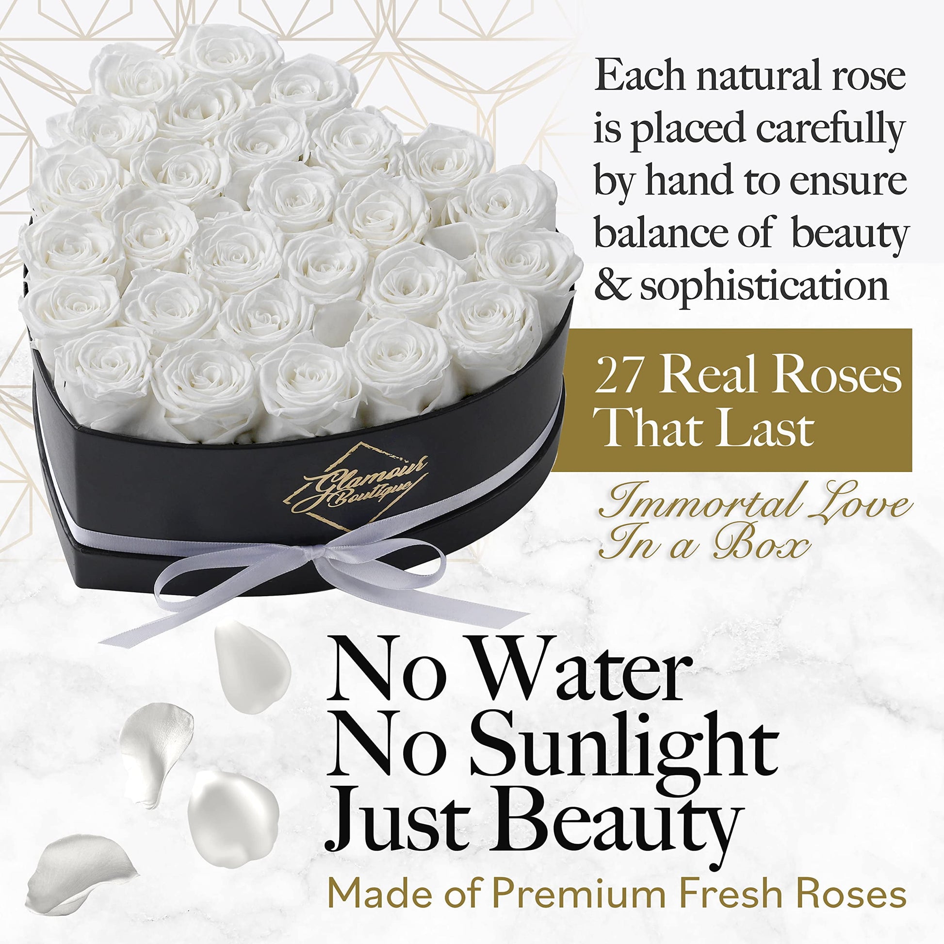 27-Piece Forever Flowers Heart Shape Box - Preserved Roses, Immortal Roses That Last a Year - Eternal Rose Preserved Flowers for Delivery Prime Mothers Day & Valentines Day - White