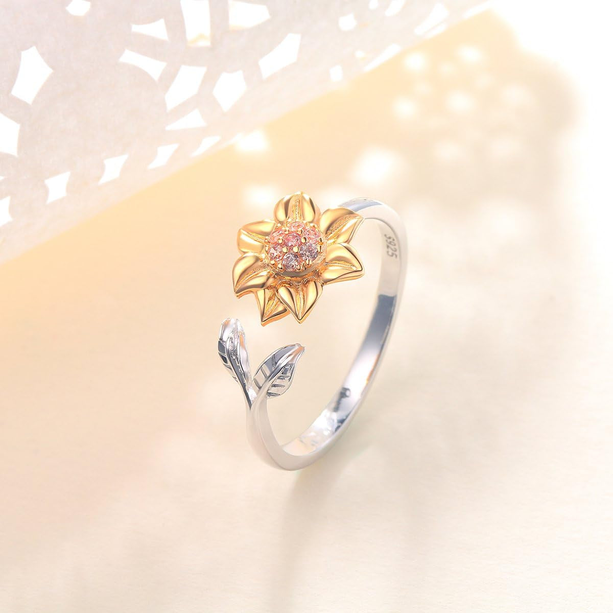 Sunflower CZ Ring – Adjustable Sterling Silver Floral Jewelry