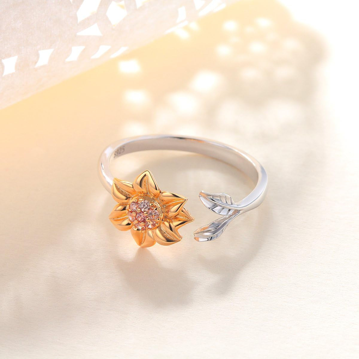 Sunflower CZ Ring – Adjustable Sterling Silver Floral Jewelry
